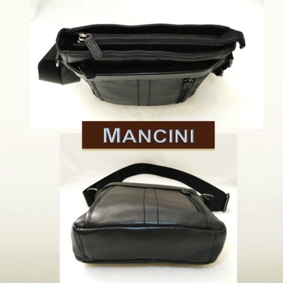 MANCINI Unisex Black Leather Vertical Messenger Bag Padded Shoulder Crossbody - Picture 6 of 12